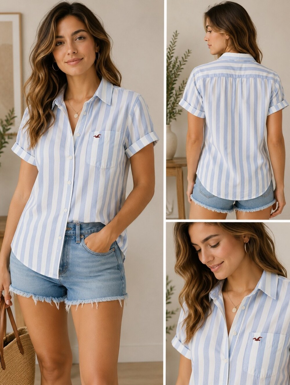 Hollister Classic Short-Sleeve Stripe Button-Up Shirt - Light Blue/White Ptp 21